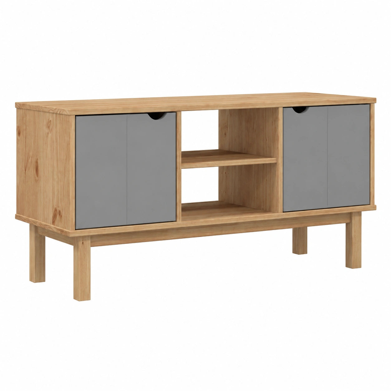 Mobile TV scandinavo in legno massello di pino, marrone e grigio con scomparti e ripiano, 113,5x43x57 cm