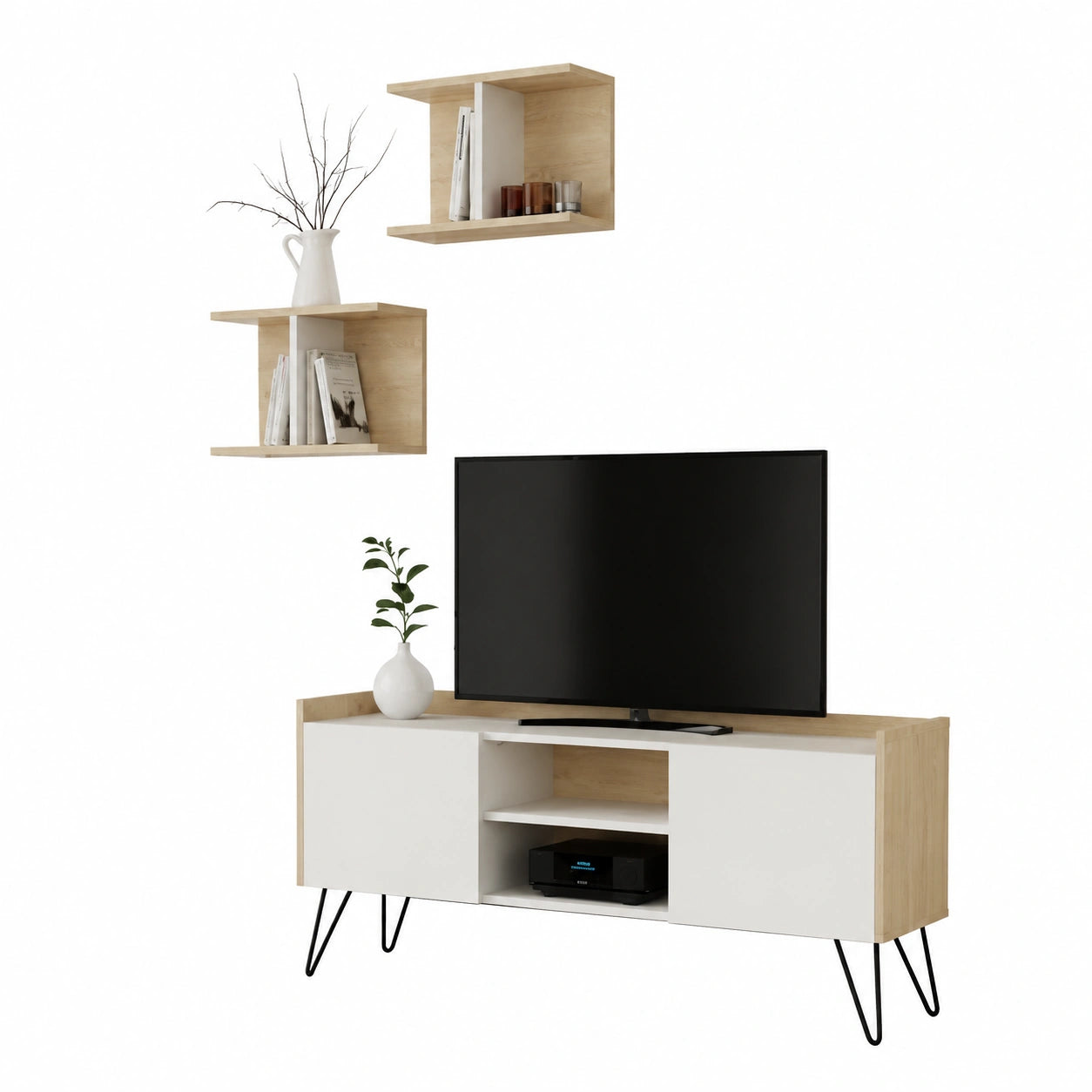 Mobile TV Scandinavo con 2 Ante e Ripiani, 125,5x33x56,5 cm, Bianco e Rovere
