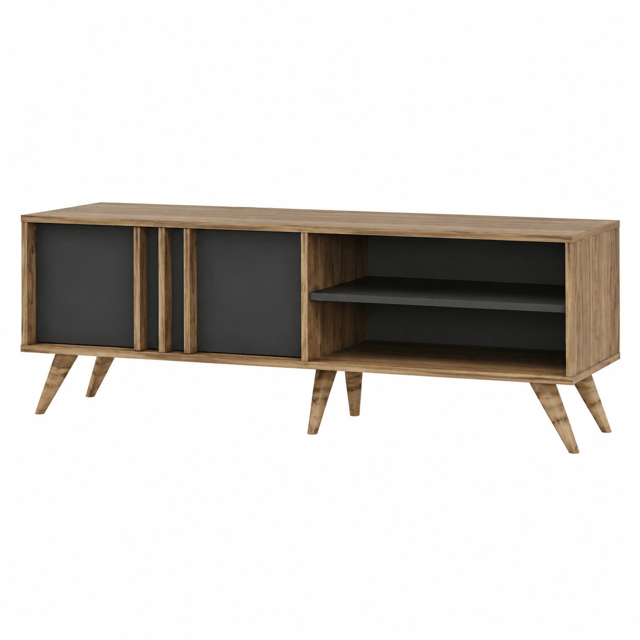Mobile TV Scandinavo con 2 Ante e 2 Ripiani a Giorno, 150x35x48 cm, Colore Noce