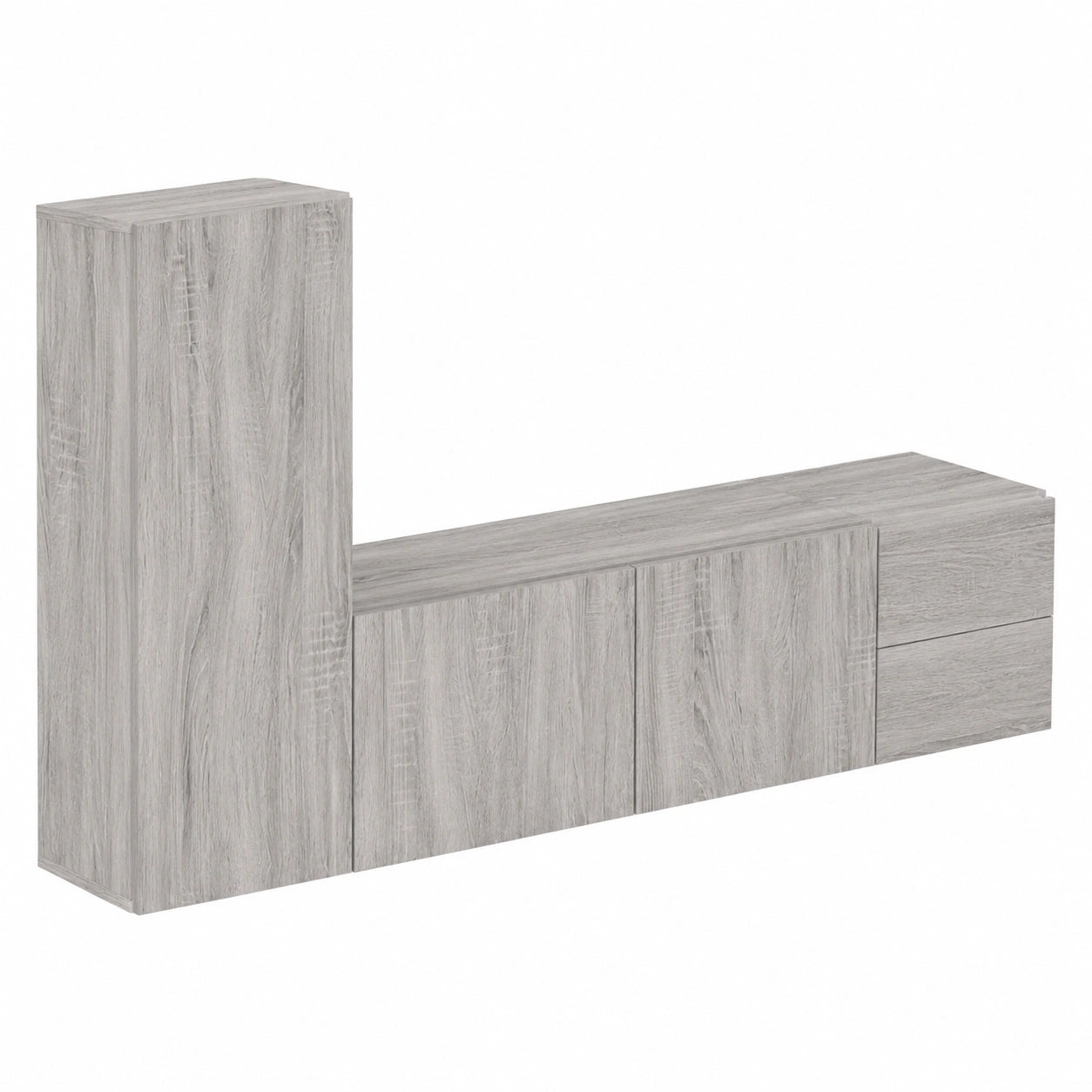 Set mobili TV con 3 pezzi in legno Sonoma grigio, contenitori sospesi e a terra, design scandinavo minimalista per soggiorno