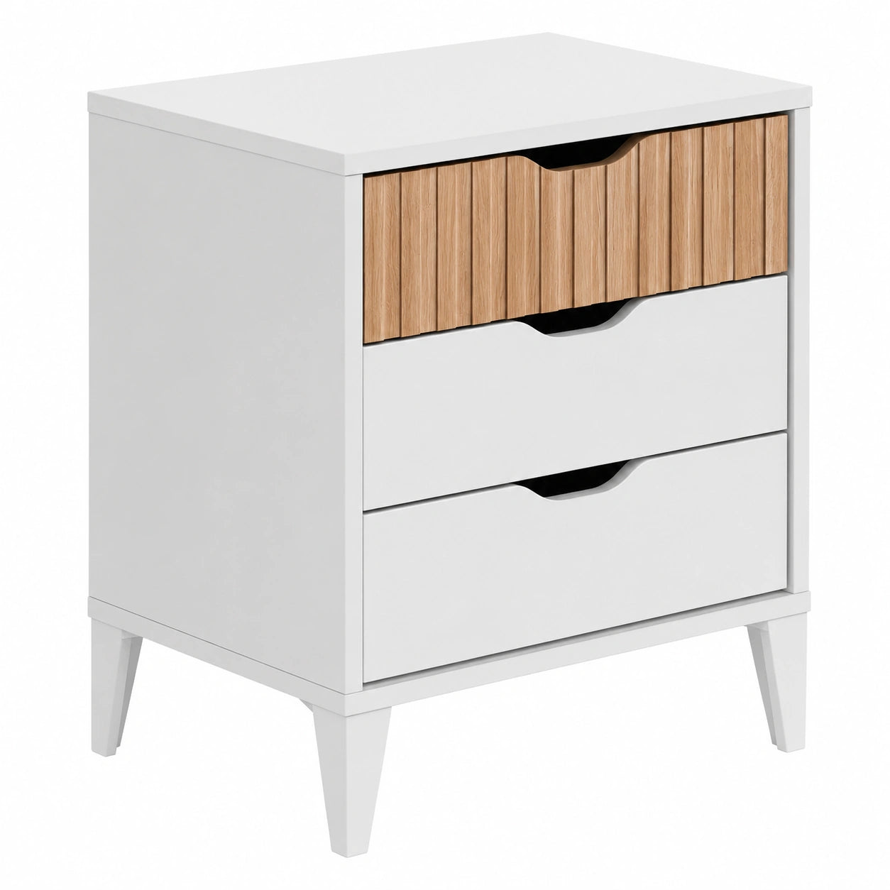 Comodino Moderno Scandinavo con 3 Cassetti, Bianco e Rovere, per Camera da Letto