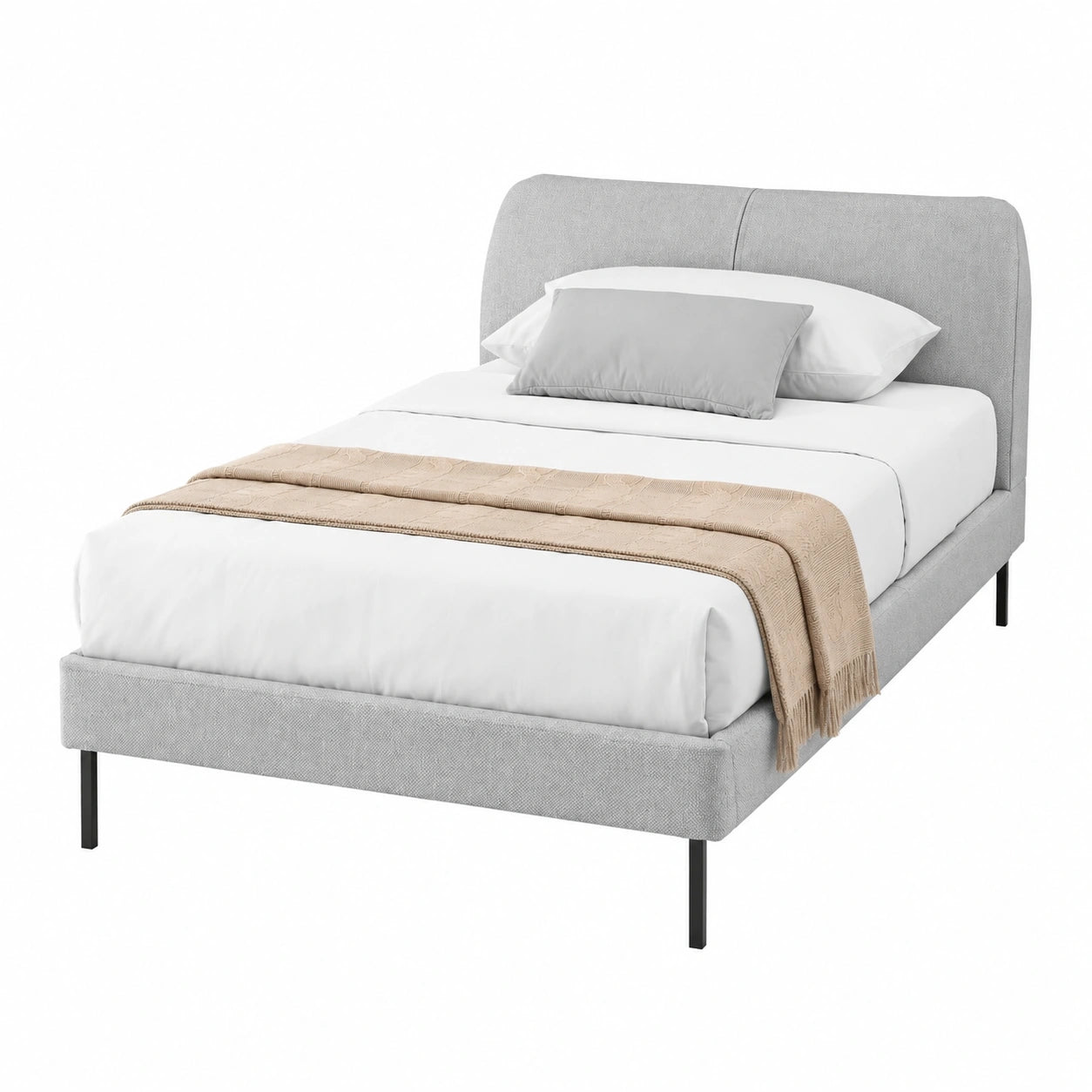 Letto Singolo in Legno con Testata Stondata, Design Moderno Grigio Chiaro