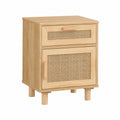 Comodino Scandinavo in Legno di Pino e Rattan con Cassetto