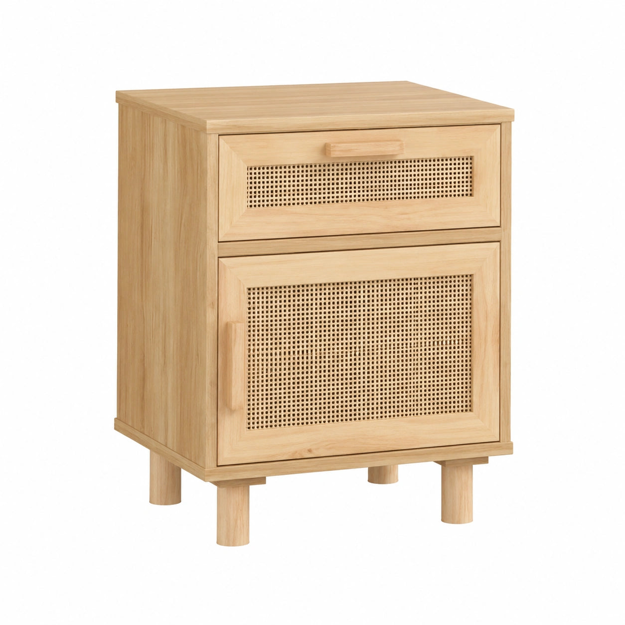 Comodino Scandinavo in Legno di Pino e Rattan con Cassetto