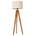 Lampada da terra scandinava in legno e metallo con paralume in tessuto beige, altezza 161 cm, interruttore a pedale, supporto E27