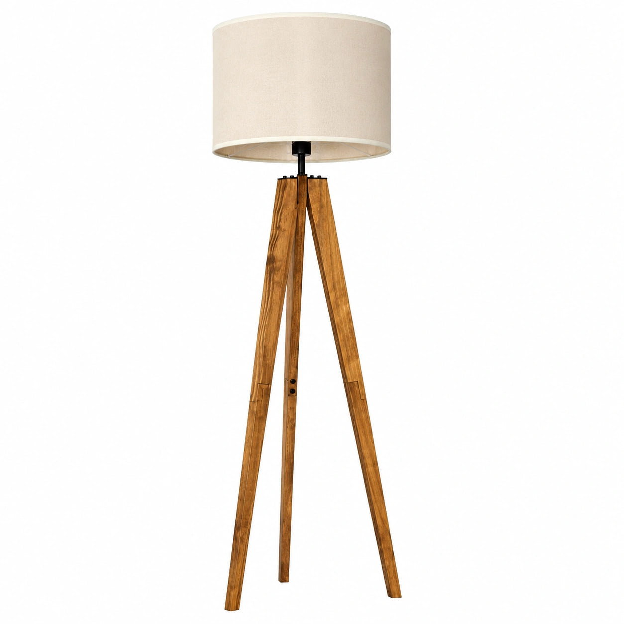 Lampada da terra scandinava in legno e metallo con paralume in tessuto beige, altezza 161 cm, interruttore a pedale, supporto E27