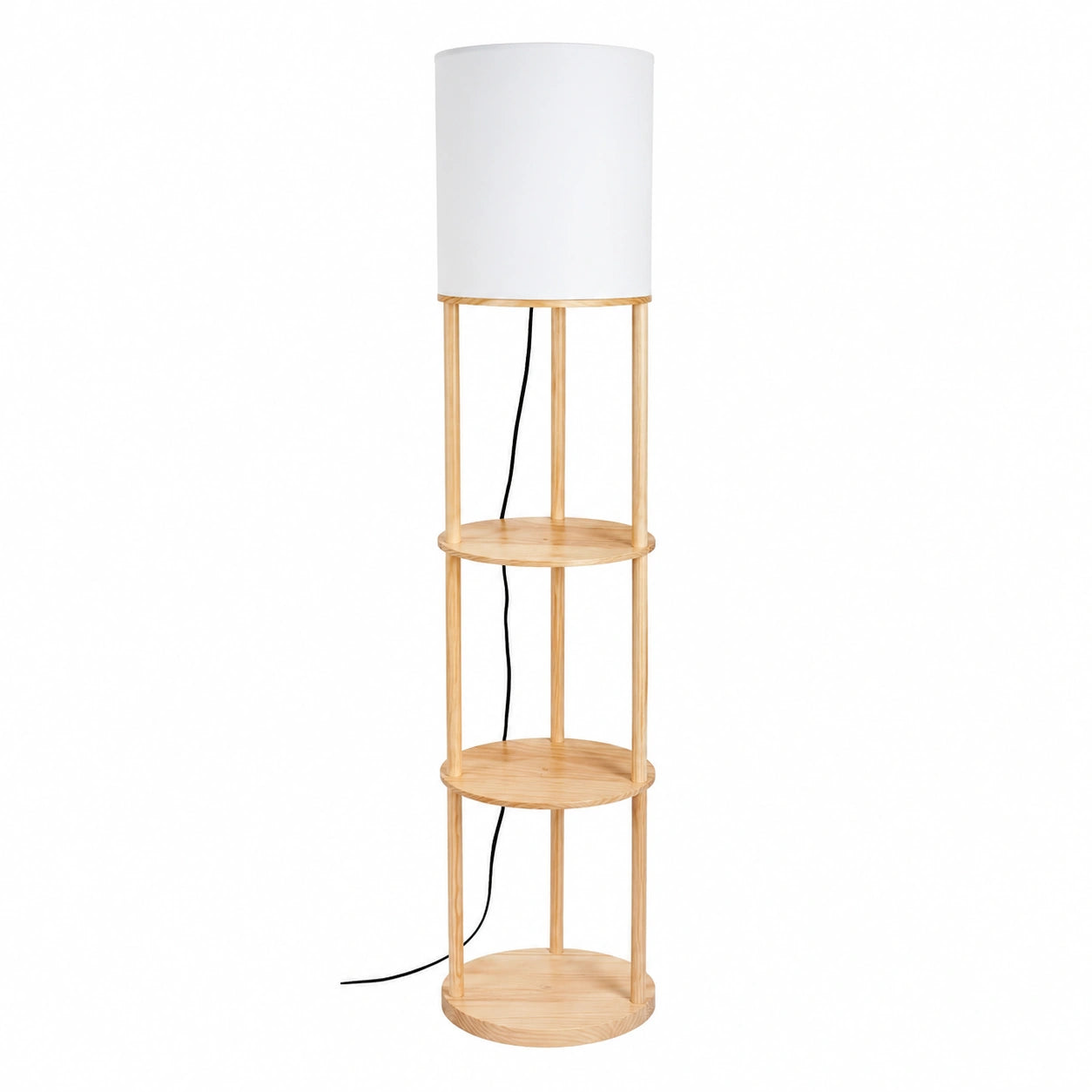 Lampada da Terra Scandinava in Legno e Tessuto con Ripiani e Interruttore a Pedale, Altezza 150,5 cm, Ø26 cm
