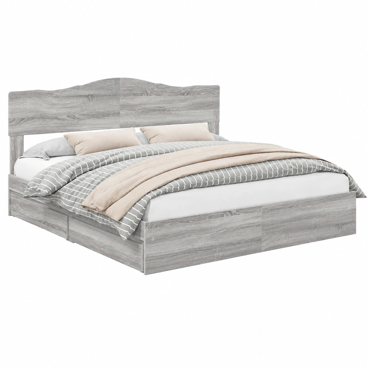 Letto Matrimoniale in Legno Massello Grigio Sonoma 180x200 cm con Testiera Imbottita e Contenitore Stile Nordico