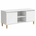 Mobile TV scandinavo bianco lucido con gambe in legno, 2 ripiani e 2 scomparti, 103,5x35x50 cm