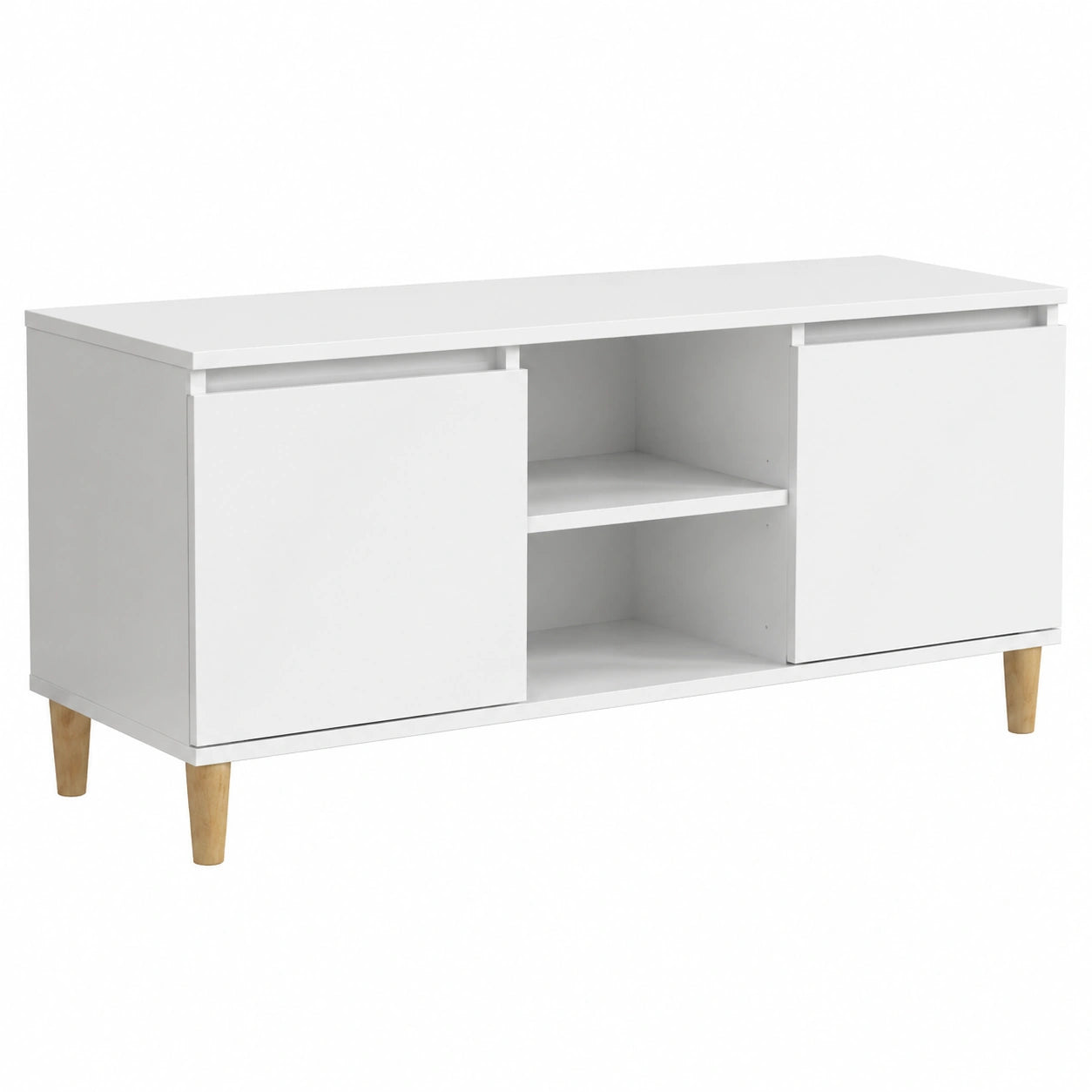 Mobile TV scandinavo bianco lucido con gambe in legno, 2 ripiani e 2 scomparti, 103,5x35x50 cm