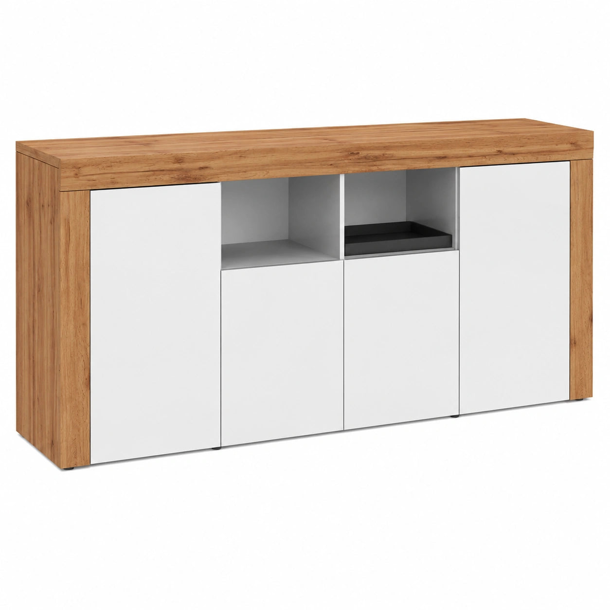 Credenza e Buffet in Legno con 4 Ante e 2 Vani per Soggiorno, Bianco Lucido e Rovere, 200x40x85 cm